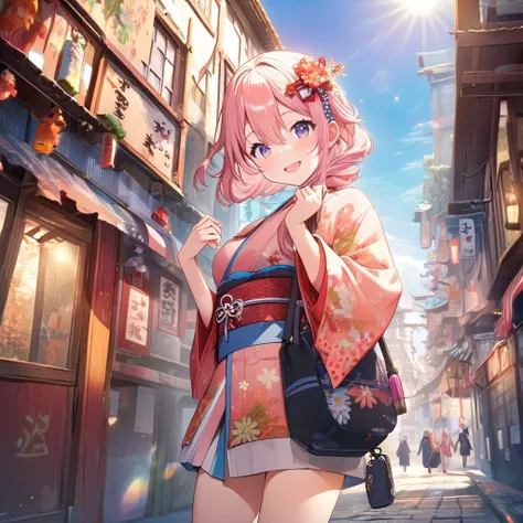 masterpiece, best quality, 4k、((2D illustration))、one beautiful girl、(((chibi style)))、solo、((pretty))、((lens flare))、((warm colors))、((long beautiful hair)), glossy pink hair, gradient hair color, hair between eyes, beautifully detailed eyes, ((Japanese k...