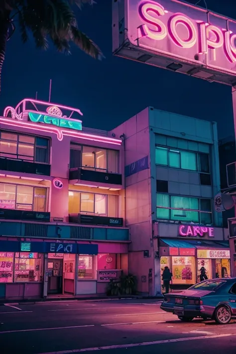  Vaporwave-style empty cityscape with a large neon sign for Windows 95,  palm trees in silhouette ,  symbols of consumerism  (shopping bags,  blurred logos ),  fluorescent lights , aesthetics glitch ,  degraded sky in pink and purple ,  melancholic and sur...