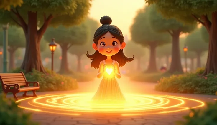 3d animated cartoons .. A soft, glowing ripple emerges from the character’s heart and spreads outward. The glow starts to expand across the park, reaching everyone around.