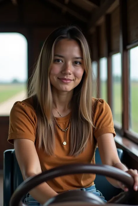 A Ucranian woman with straight hair,Middle, Clara driving a train on the plantation

