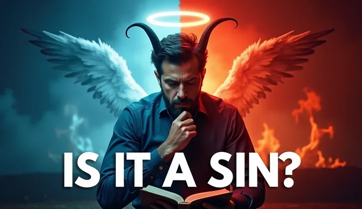 A 16:9 thumbnail design for a video titled Is Masturbation a Sin?. At the center, a man with a thoughtful expression reading a Bible, one hand on his chin. The background is split in half: on the left, a bright blue tone representing purity, with half of a...