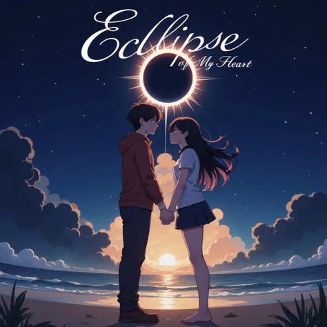 A captivating anime-style illustration inspired by the song "Eclipse of My Heart." The image features two young lovers standing beneath a stunning celestial display, with the moon partially eclipsing the sun, casting a warm and ethereal glow over the scene...