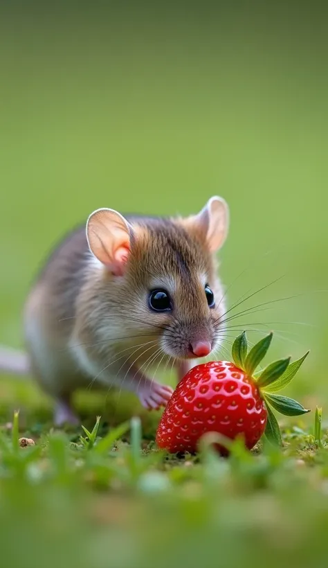 A small mouse with soft, grey fur and twitching whiskers scurries across a grassy field, its tiny paws moving swiftly. Nearby, a juicy strawberry rests on the grass, its bright red color standing out against the greenery. The mouse, curious and eager, look...