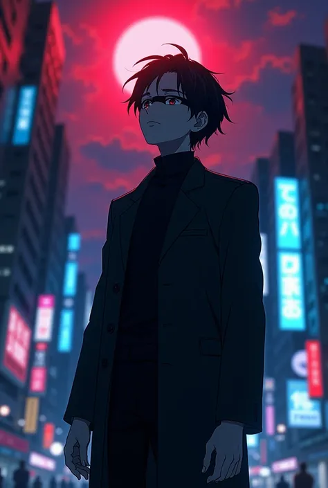 1boy, full body shot, perfect hand and fingers, Osamu Dazai, blindfold, black outfit, black hair, look at sky, smirk, red and blue moon city night background, wallpaper, cinematic,High resolution 8K, Bright light illumination, lens flare, sharpness, master...