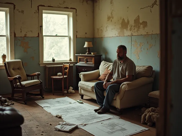 A cozy, modest living room with old furniture and peeling paint on the walls, a single parent sitting on a worn-out sofa, looking determined while surrounded by plans and ideas to renovate the house, with a glimmer of hope reflected in their eyes.