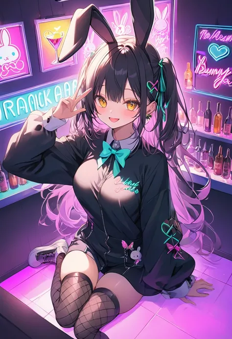   The overall vibe is dynamic and festive ,  she wears a classic black bunny suit and ,  has a flashy nightlife vibe ,  The wall is decorated with neon signs depicting cocktail shapes and cursive text {x} She poses in a fun and mischievous manner with her ...