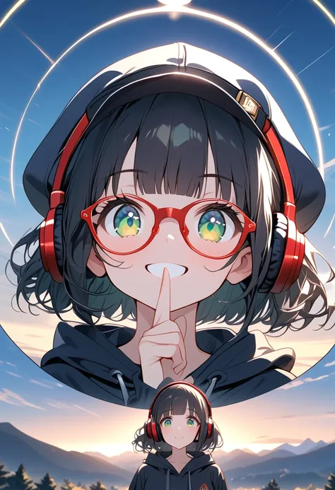 {{{masterpiece}}}, {{{ top quality }}}, {{ ULTRA DETAIL}}, { cute, detail eyes },  1 girl, Alone, (black hair,bob cut,wavy hair),(( green eyes)),wearing red reading glasses,(blunt bangs), (((black headphones))),((black hoodie))),((cabbie hat)),(white palaz...