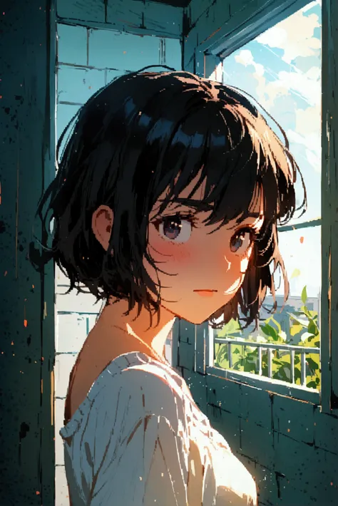 A girl with short black hair is spied on by her classroom boyfriend in the prison bathroom