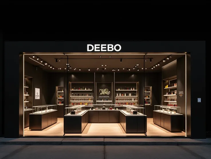 I want you to generate images of a modern perfume store with the Deebo Parfumerie brand. 