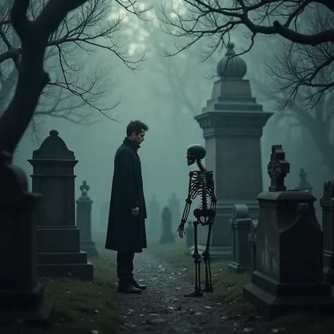 A man stands in a graveyard with a skeleton