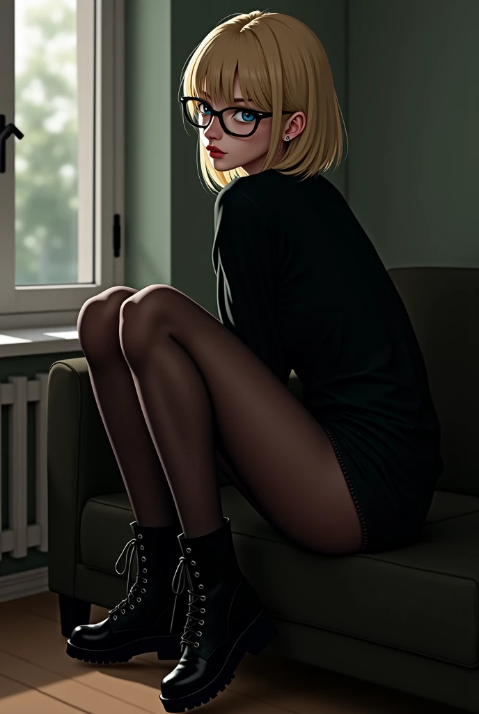 Women, 20 years, emo, blonde,  black shirt, glasses, PIEL BLANCA, slim, black boots,  long legs , medias negras, black flick,  Sitting on a sofa , FROM BACK,  showing butt.