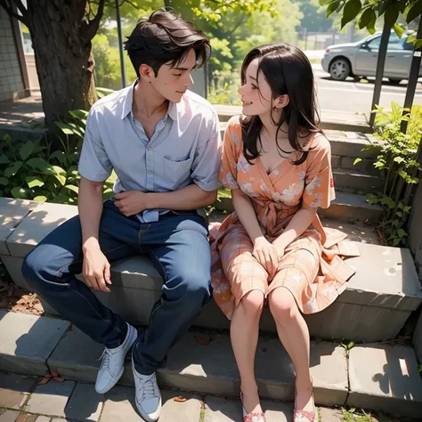 View from above. Side view. View from abive tree branch. Foreground leaves and branches.

Young couple are sitting on different step of outdoor stairs. Laughing, Talking and looking at each other. 

Boy, Man is wearing unbuttoned plaid shirt, training shoe...