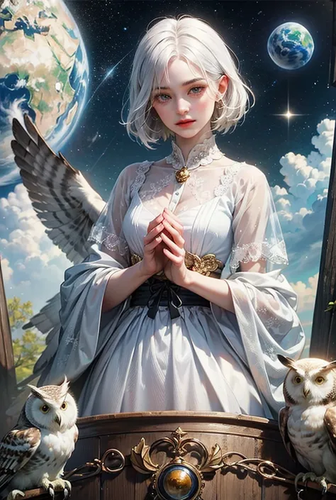 An old white-haired woman dressed in white with an owl over her head and the world or planet Earth in her hands and a background of sky blue and blue