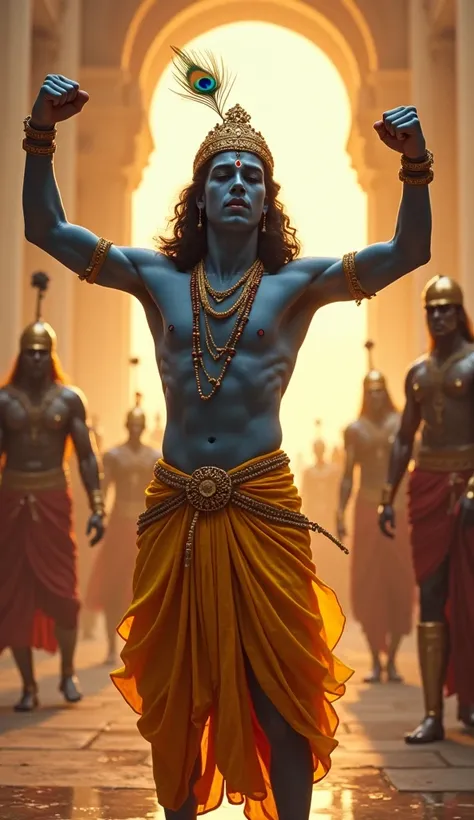 Create a dramatic scene depicting Lord Krishna in the middle of a fierce battle with Kamsa. Krishna, a youthful and divine figure, has dark blue skin, is wearing traditional yellow dhoti and a peacock feather crown. His expression is focused and powerful a...