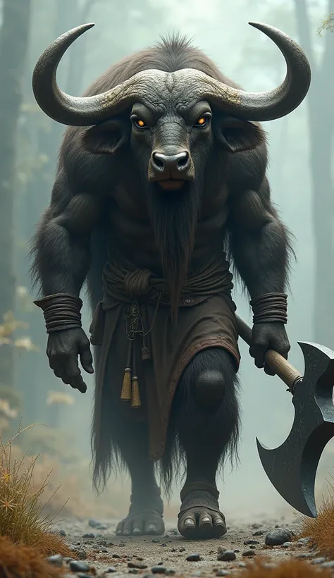  Monstrous Buffalo with Black Stone Axe

The woman has the head and shoulders of a buffalo,  with giant horns that curve menacingly .  Her human body is covered with thick skin and scarred by past battles .  She carries a war axe with a double blade of bla...