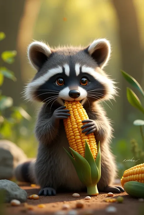 A raccoon eating corn