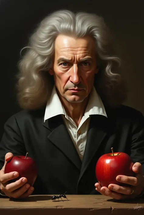 sir isaac newton apple on hand and look ant front in dark background