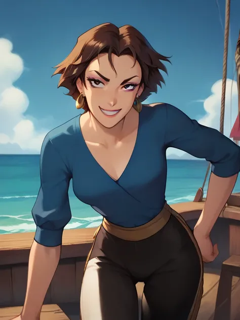 score_9, score_8_up, score_7_up, 1girl, smirky face, leaning forward, v, cowboy shot, sky, sea, beach, pirate boat in the back,
 MarinaXLP, short hair, makeup, brown hair, black eyes, earrings, capri pants, blue shirt, sarashi, cartoon, 