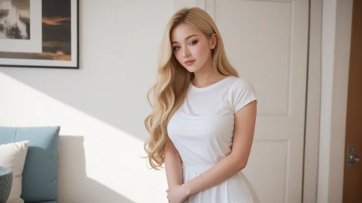 A stunning blonde girl stands alone in a room, her long hair cascading down her front in waves. She wears a beautiful white t shirt dress that hugs her curves, the color complementing her fair skin. The room is bathed in full HD color, bringing every detai...