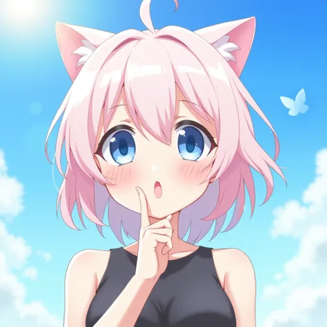  The secondary female character with cat ears 。 She has pink-white short hair 、 Blue Big Eyes ， with a slight blush on her face ， She looks cute and charming 。 Color wearing black sleeveless clothing ， The background is a sunny blue sky ， with a few white ...