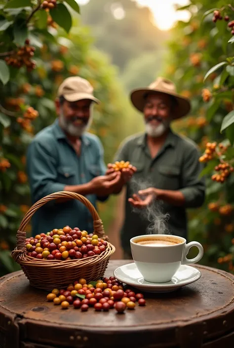 Image of more than one farmer plucking coffee fruits from the coffee plants full of fruits with smiley faces and a basket of freshly harvested coffee fruits and a streaming cup of coffee on a wooden trunk table. Warm earthy tones—rich browns, golds, and gr...