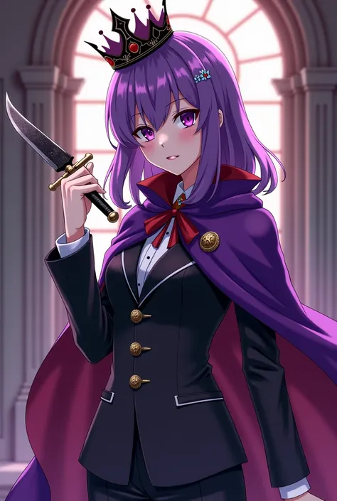 anime girl with purple hair and purple cape holding a knife, a picture by Kanbun Master, tumblr, vanitas, with a spine crown, shalltear bloodfallen, some red and purple, shalltear from overlord, holding a pudica pose, wearing a crown and suit, dark purple ...