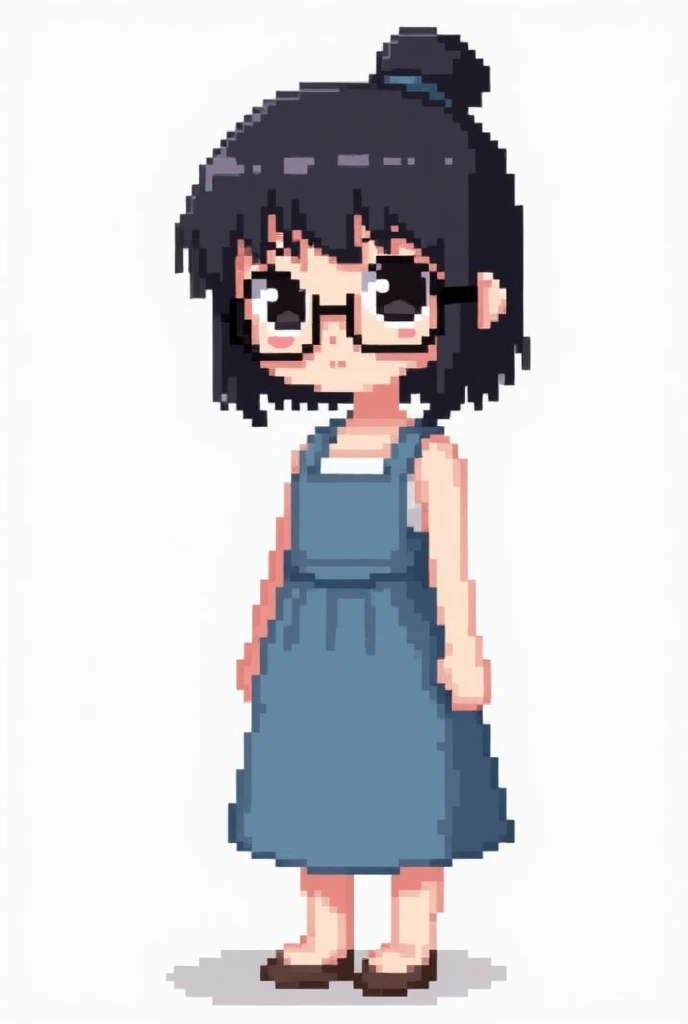 pixel art,girl with glasses, bun, blue dress,black hair, black eyes,white short