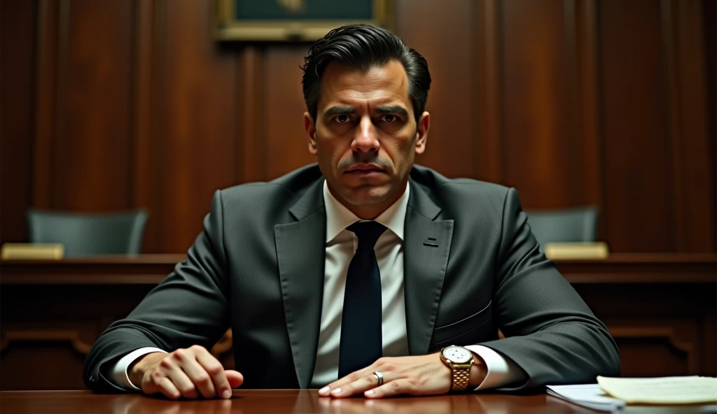 Javier Menéndez sits confidently at the prosecutor’s table, his imposing figure framed by the polished wooden furniture of the courtroom. Dressed in a sharp, dark gray suit, with a perfectly knotted tie and a luxury watch glinting under the overhead lights...