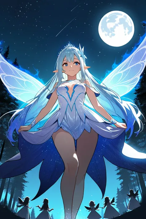 group of dancing fairies, small with wings on the back, female,  pointed ears , blue aura radiates from them, night, Forest, Full moon, starry sky,  masterpiece, Hohe Details,  long hair,  blue eyes ,  light smile , Gegenlicht, viewed from a distance, Wide...