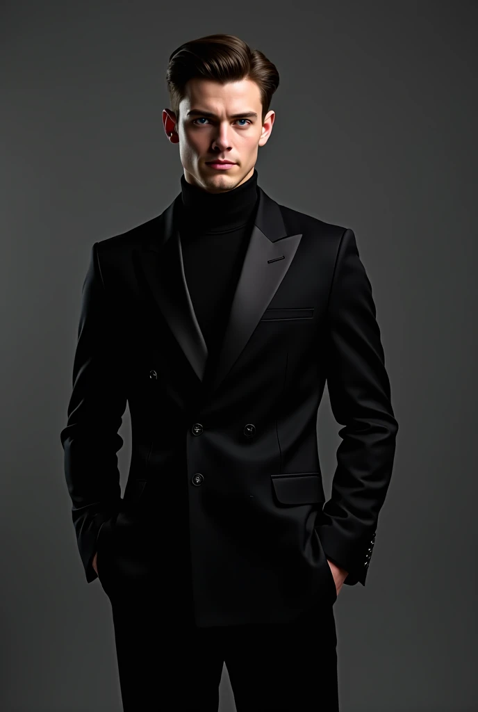 young man in elegant all blac suit.