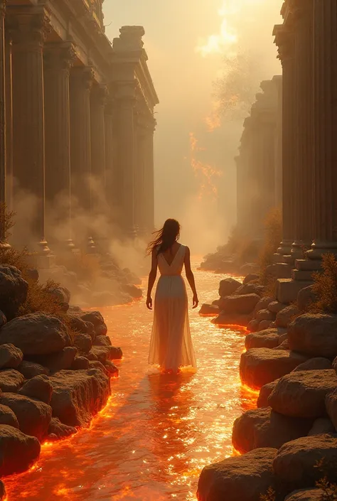  Woman dressed in a long white dress. walking forward, Through a River of Fire .  Landscape of Roman Ruins .  Brown Shades and Filters .