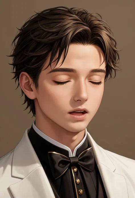 best quality,masterpiece,anime,8k,highly detailed,physics-based rendering,realistic skin,(detail hair:1.3),1 boy with black down hair, from diagonally behind,upper body,closed eyes,open mouth