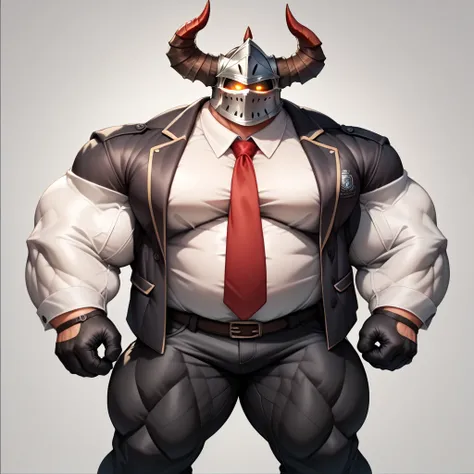 a man with a big giant musclegut tall wide body and big round gut using black suit jacket, white shirt, red tie, black pants, black gloves and knight helmet which cover every face with horn on the both side. standing still, solo, very big body, very tall b...