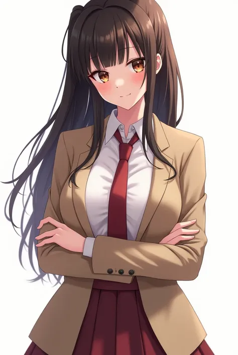 One woman, Long brown Hair, (black hair:1.5), hair ornaments, (Brown eyes:1.3), Sharp Eyes, bangs, ponytail, high school uniform: beige jacket, red tie, клетчатая короткая юбка, Cleavage, clavicle, flown, looking at viewer, (masterpiece:1.2), highest quali...