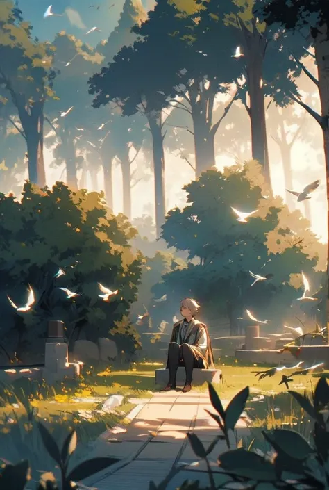 The character sits in a park. Birds are flying, the trees are silent. He is looking at the sky, it seems like he is questioning himself.