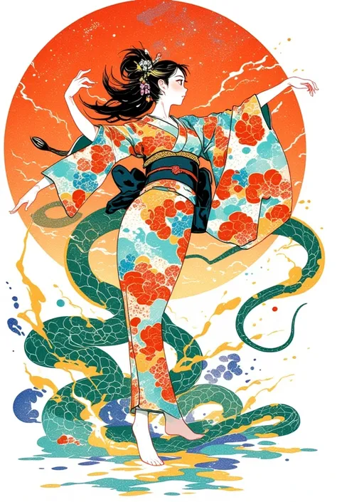   woman in yukata dancing barefoot  , thunder and snake pattern ， mirror ball   ,Im falling ,  poster art,  silkscreen poster ,    graphic novel cover art   ,   vivid details  ,    Promotional Art   , Poster illustration,  illustration poster , author:  Ya...