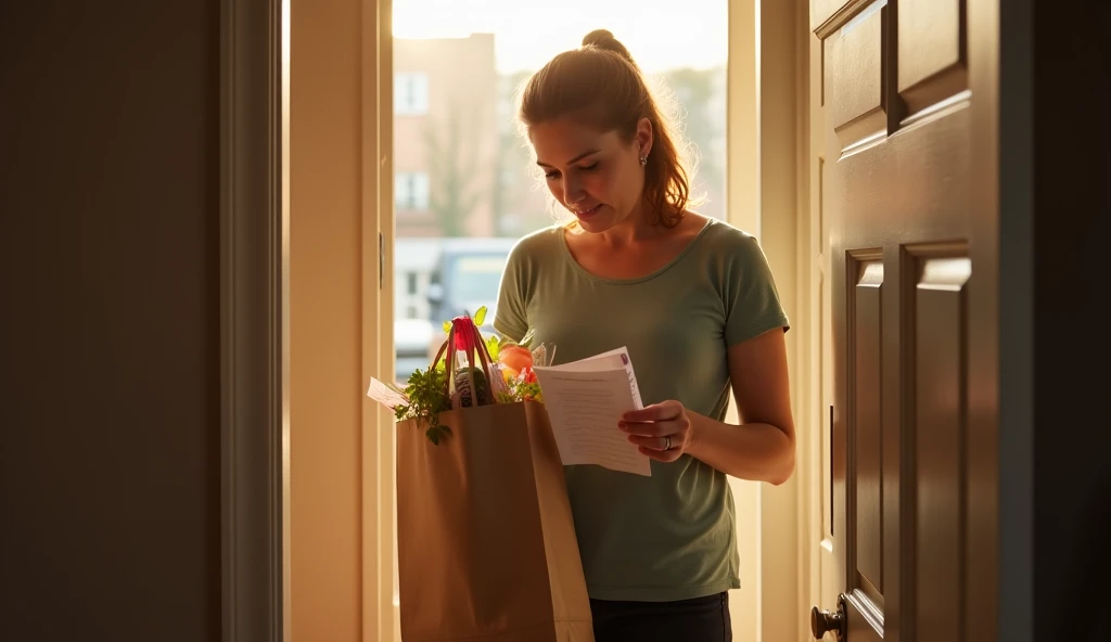 Subject: A woman receives groceries and letters of encouragement. Context and Action: Emily stands at her apartment door, holding a small bag of groceries with handwritten notes stacked in her other hand. Emotion: Gratitude, quiet disbelief, and hope. Envi...