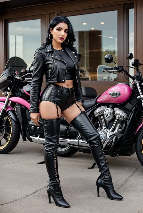 black haired mature indian bimbo biker, black leather cropped jacket, hoop earrings, pink lipstick, black leather pants, leather gloves, thigh high black leather high heel boots