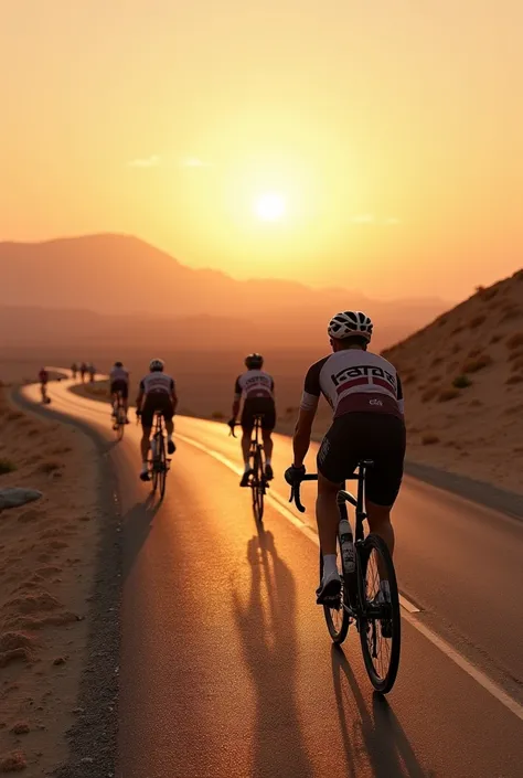 Cyclists pedaling on a lonely road in the desert behind cyclists the sun is hiding realistic image 