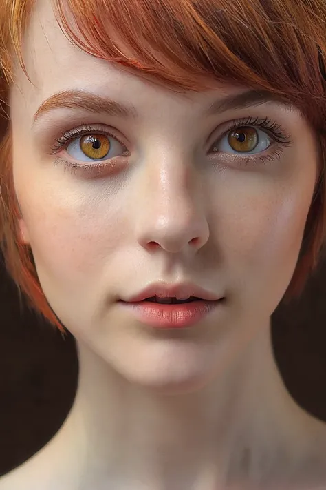 Create a photorealistic of young girl. she has yellow irisis in eyes, short pixie red air with long bangs framing her face, and wears glasses. she is nude, small breasts with red pubic hair in vagina.have a posture that suggests intimacy and love.