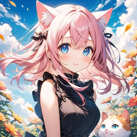  The secondary female character with cat ears 。 She has pink-white short hair 、 Blue Big Eyes ， with a slight blush on her face ， She looks cute and charming 。 Color wearing black sleeveless clothing ， The background is a sunny blue sky ， with a few white ...