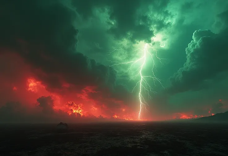 An thunderstorm sky
Partially red and green colour 
In fire and war ground 