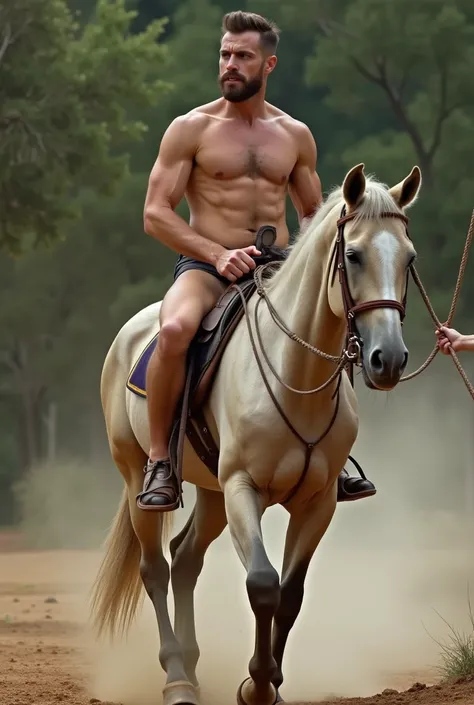  A handsome naked white muscular guy with crooked hips ，He has a saddle and stirrups on his back ， holding his hands like a horse on the ground ， This handsome guy is riding like a horse by his owner，He crawls with his owner on his back ， The owner control...