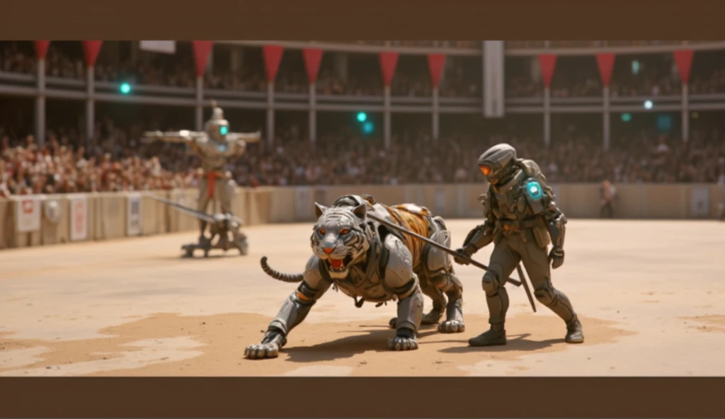 An epic futuristic arena ,  where gladiators fight with advanced technological armor and biomechanical tigers improved with artificial intelligence . The protagonist,  armed with a holographic shield and an energy spear ,  are faced with the attack of a ro...