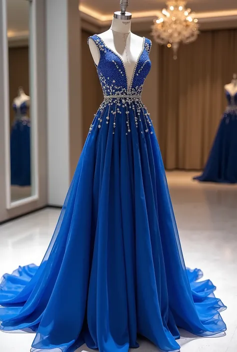 Beautiful Dress, vestito lungo, on a show room in background, high resolution, hyper realistic, a Blue Dress, diamond details