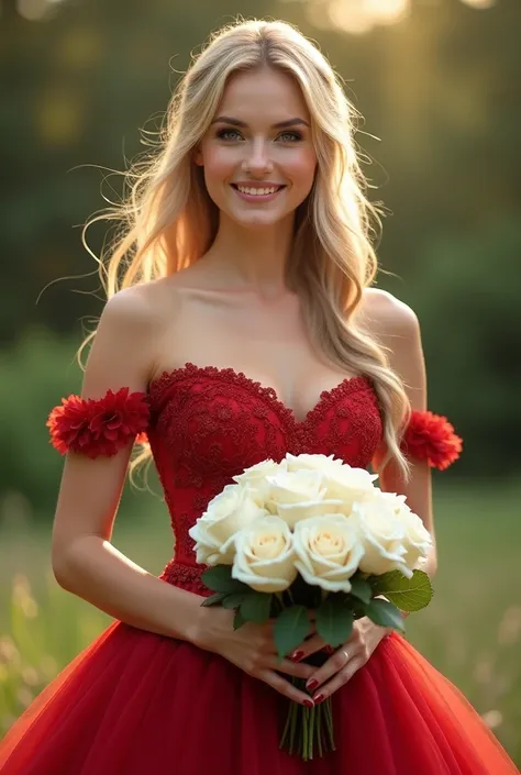 Blonde woman in a princess-like wedding red dress holding a bouquet of white roses, 8K, Maser Piece