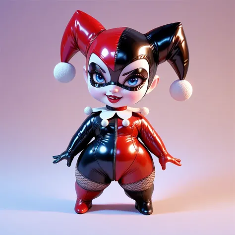 ksbt, A vibrant chibi-style illustration, Harley Quinn, Featuring the classic red and black bodysuit, fishnet stockings
