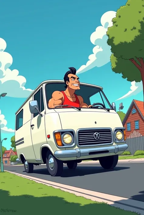 Create an image of the black-haired cartoon character Jhonny Bravo driving a white van