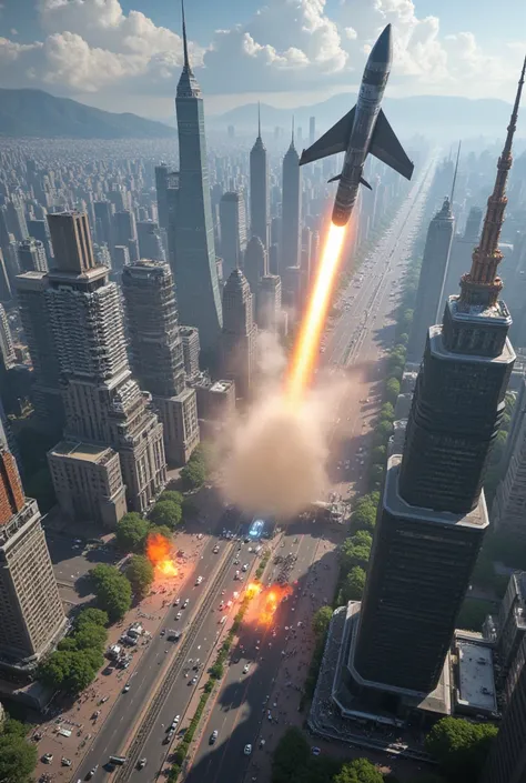 A futuristic ballistic missile descends from the sky to crash into a big city. 