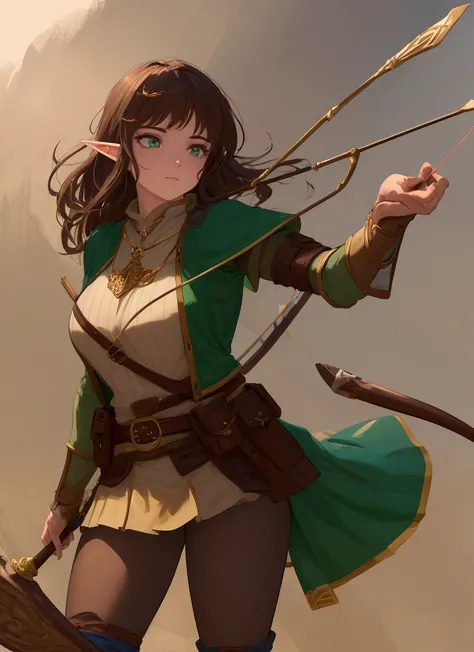 American comic  fantasy style with thick ink pen traits and contour of a young woman elf ranger holding a magical ancient epic bow with precious stones imbued in its metal base, in in her hand with light brown hair and brown and kaki green fantasy medieval...